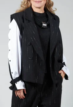 Cotton Striped Blazer Vest in Black