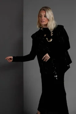 Cotton Striped Blazer Vest in Black