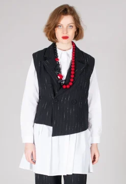 Cotton Striped Blazer Vest in Black