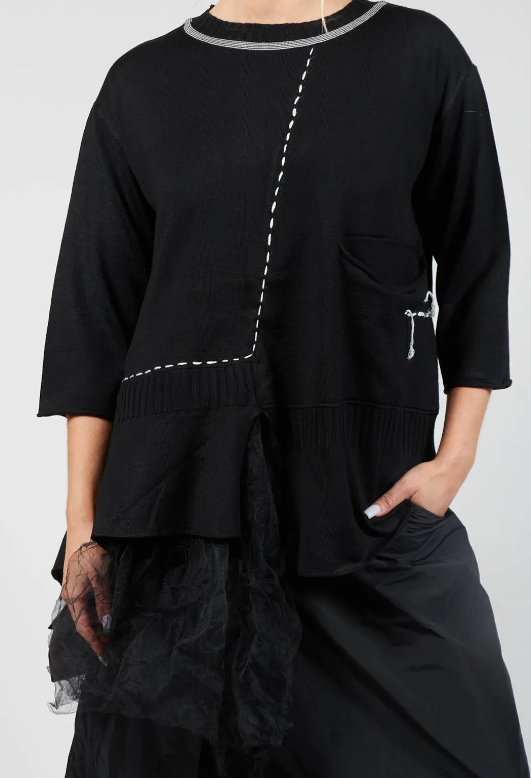 Crew Neck Jumper with Netting Detail in Black