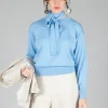 Crew Neck Jumper with Tie Neck in Breeze