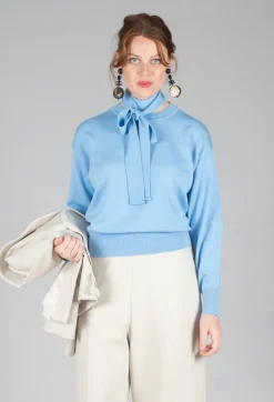 Crew Neck Jumper with Tie Neck in Breeze