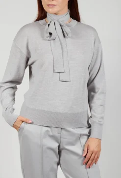Crew Neck Jumper with Tie Neck in Perla