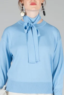 Crew Neck Jumper with Tie Neck in Breeze