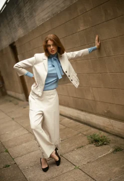 Crew Neck Jumper with Tie Neck in Breeze