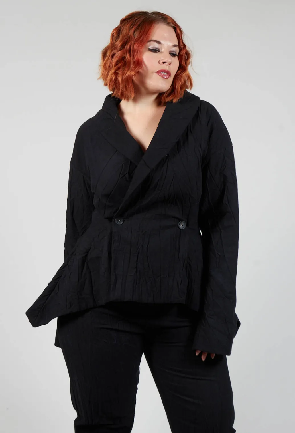 Crinkle Jacket with Asymmetric Hem and Fastening in Black