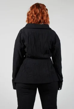Crinkle Jacket with Asymmetric Hem and Fastening in Black