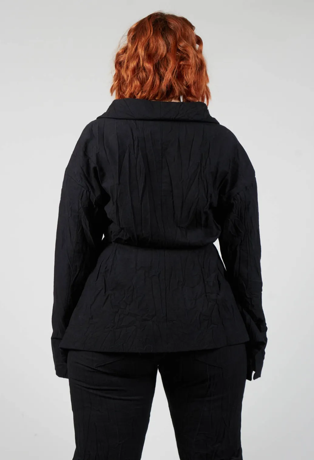 Crinkle Jacket with Asymmetric Hem and Fastening in Black