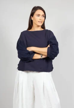 Crinkle Top with Contrasting Sleeves in Navy
