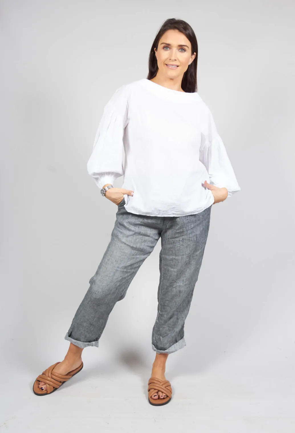 Crinkle Top with Contrasting Sleeves in White