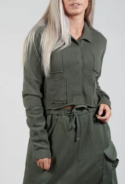 Cropped Cardigan with Patch Pockets in Camp