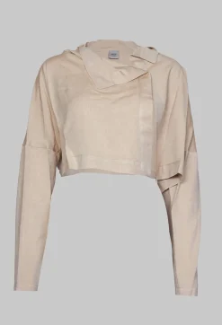 Cropped Cardigan with Pointed Collar in Beige