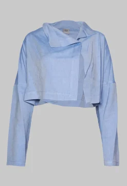 Cropped Cardigan with Pointed Collar in Light Blue