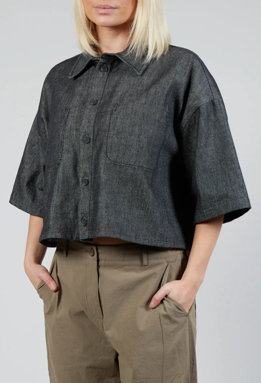 Cropped Denim Shirt in Dark Blue