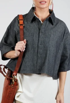 Cropped Denim Shirt in Dark Blue
