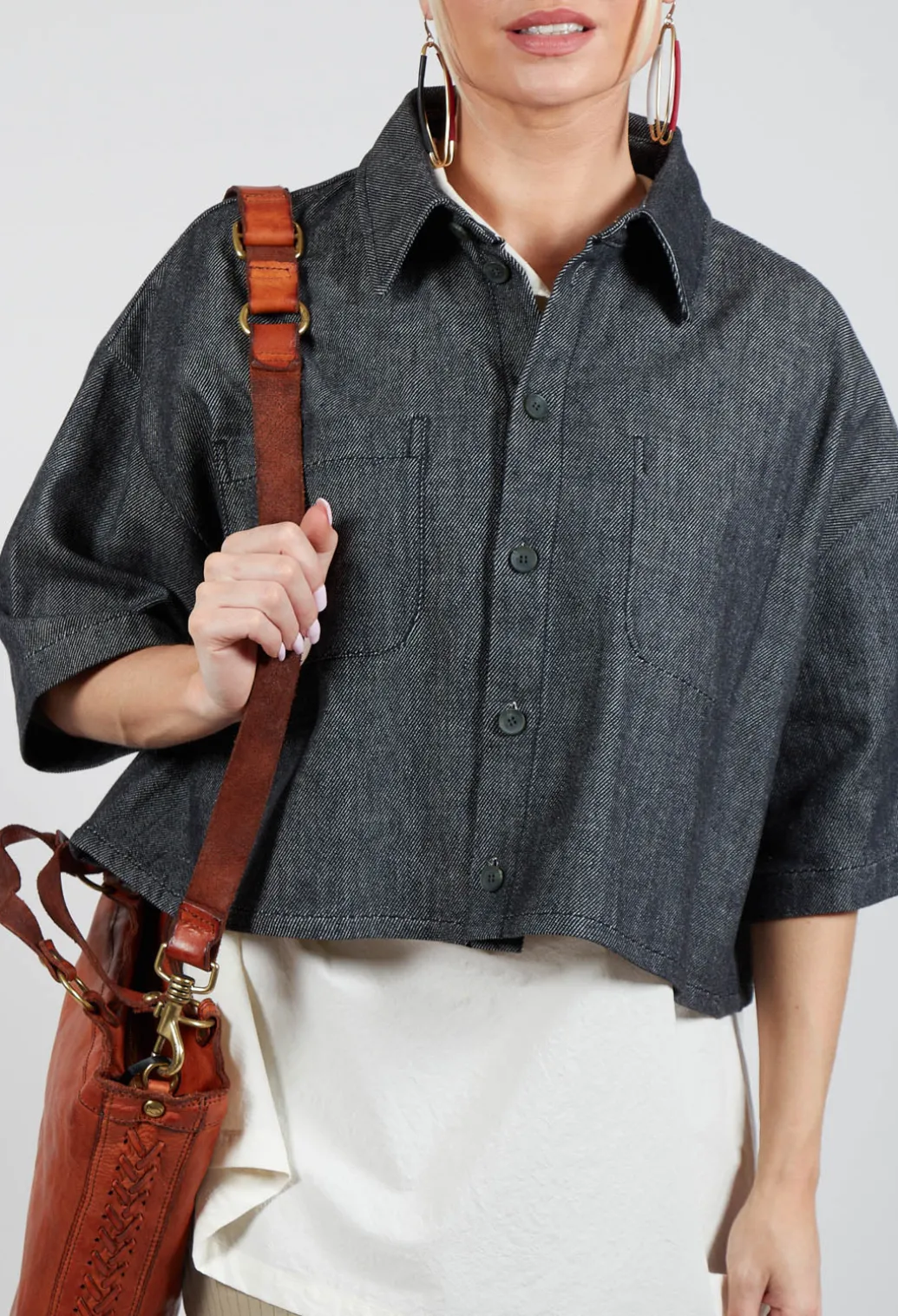 Cropped Denim Shirt in Dark Blue