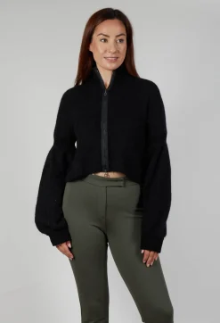 Cropped High Neck Zip Up Cardigan in Black