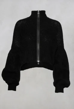 Cropped High Neck Zip Up Cardigan in Black