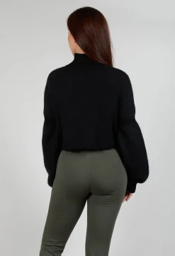 Cropped High Neck Zip Up Cardigan in Black