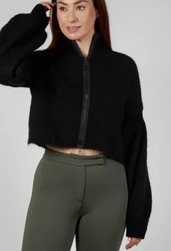 Cropped High Neck Zip Up Cardigan in Black