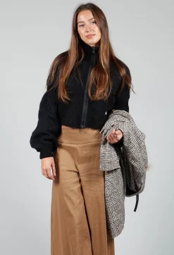 Cropped High Neck Zip Up Cardigan in Black