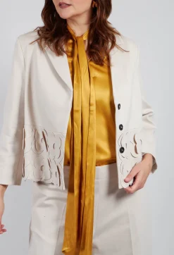 Cropped Jacket with Floral Embellishment in Sandshell