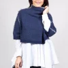 Cropped Jumper with Contrast Stitching in Blue