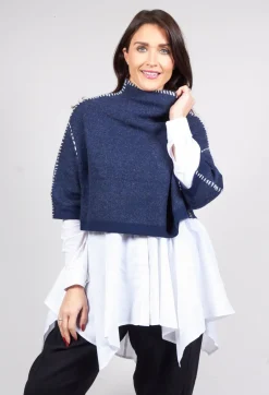 Cropped Jumper with Contrast Stitching in Blue