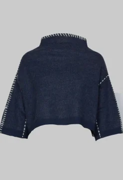 Cropped Jumper with Contrast Stitching in Blue