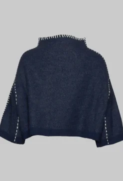 Cropped Jumper with Contrast Stitching in Blue