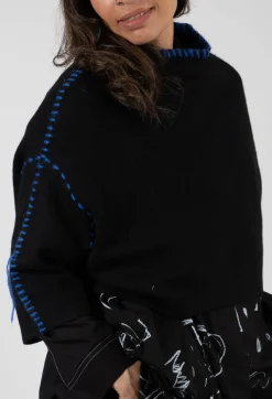 Cropped Jumper with Contrast Stitching in Black