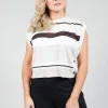 Cropped Knitted Top with Button Detail in Beige  Stripe