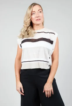 Cropped Knitted Top with Button Detail in Beige  Stripe
