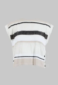 Cropped Knitted Top with Button Detail in Beige  Stripe