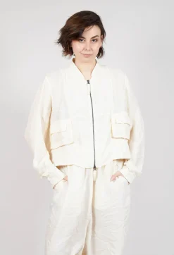 Cropped Lightweight Jacket with Ribbed Stand Collar in Greige