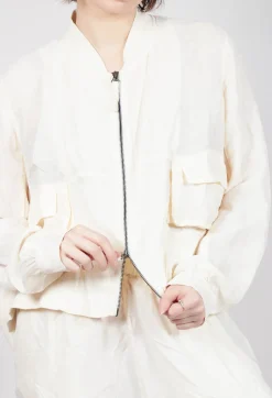 Cropped Lightweight Jacket with Ribbed Stand Collar in Greige