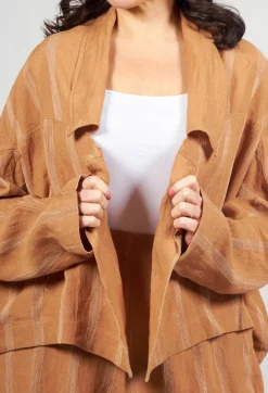 Cropped Open Front Jacket in Brown Stripe