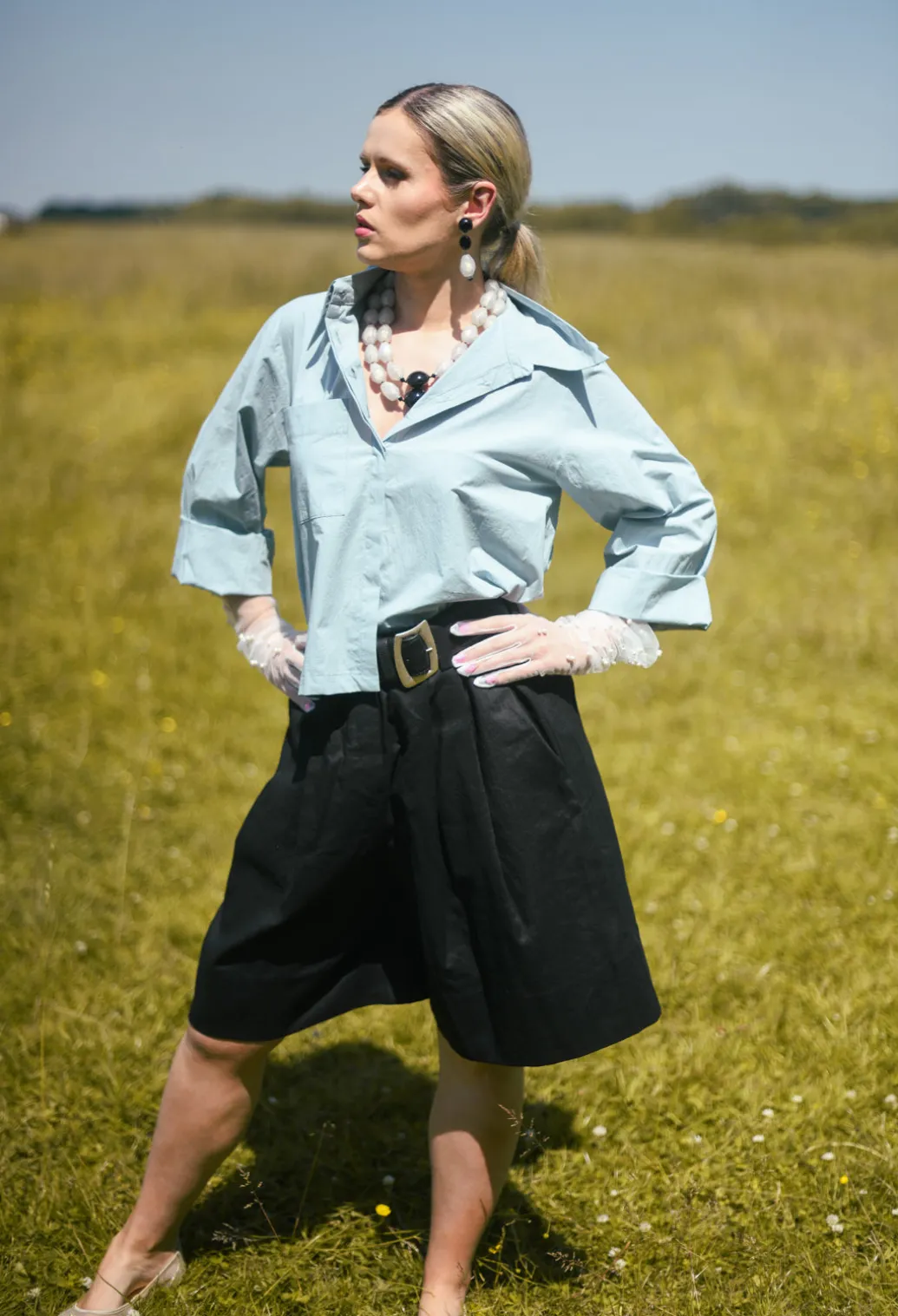 Cropped Patch Pocket Shirt in Blue