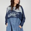 Cropped Pullover with High Low Hem in Navy Jacquard