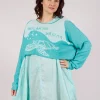 Cropped Pullover with High Low Hem in Aqua Jacquard