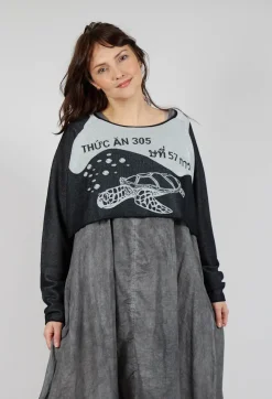 Cropped Pullover with High Low Hem in Black Jacquard