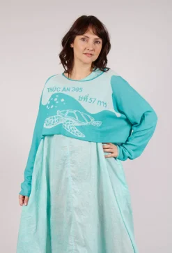 Cropped Pullover with High Low Hem in Aqua Jacquard