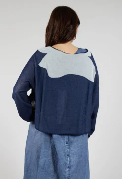 Cropped Pullover with High Low Hem in Navy Jacquard