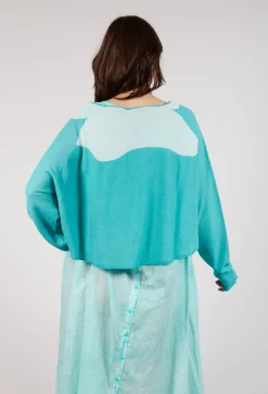 Cropped Pullover with High Low Hem in Aqua Jacquard