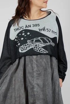 Cropped Pullover with High Low Hem in Black Jacquard