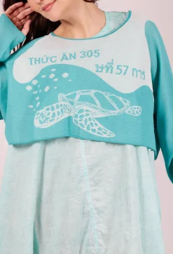 Cropped Pullover with High Low Hem in Aqua Jacquard
