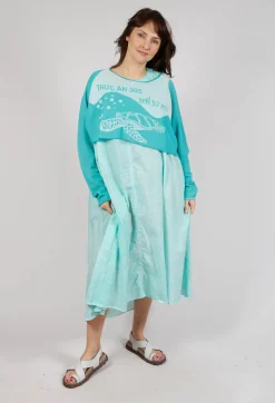 Cropped Pullover with High Low Hem in Aqua Jacquard