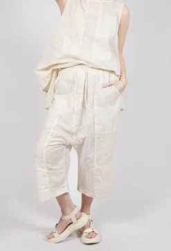 Cropped Sheer Crinkled Trousers in Greige Paper