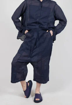 Cropped Sheer Crinkled Trousers in Ink Paper