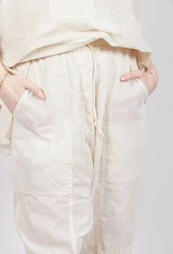 Cropped Sheer Crinkled Trousers in Greige Paper